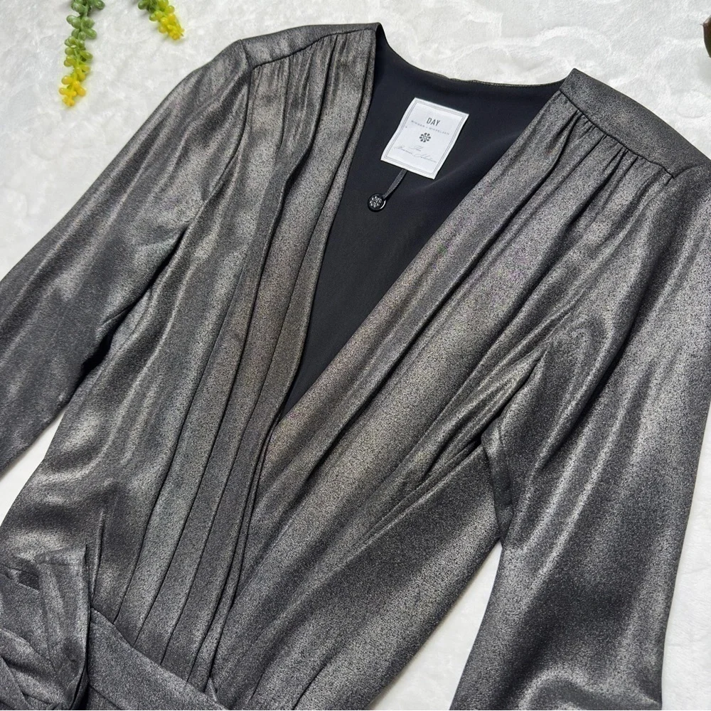DAY Birger et Mikkelsen Long Sleeve Metallic Silver Midi Wrap Dress XS